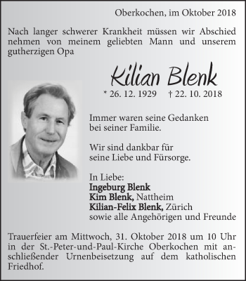 Traueranzeige von Kilian Blenk von Amtsblatt_Oko