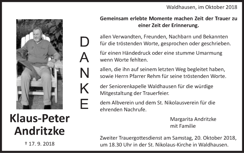  Traueranzeige für Klaus-Peter Andritzke vom 17.10.2018 aus Schwäbische Post