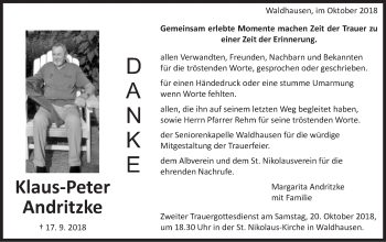 Traueranzeige von Klaus-Peter Andritzke von Kocher-Lein-Bote