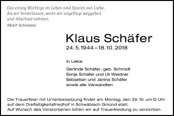 Traueranzeige von Klaus Schäfer von Gmünder Tagespost