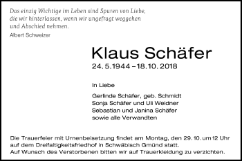 Traueranzeige von Klaus Schäfer