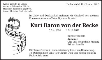 Traueranzeige von Kurt Von der Recke von Schwäbische Post