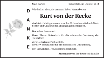 Traueranzeige von Kurt Von der Recke von Schwäbische Post