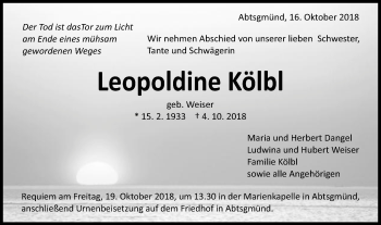 Traueranzeige von Leopoldine Kölbl von Schwäbische Post