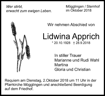 Traueranzeige von Lidwina Apprich von Schwäbische Post