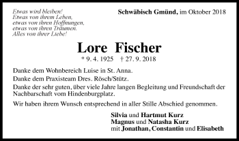 Traueranzeige von Lore Fischer von Gmünder Tagespost
