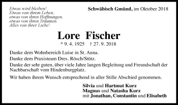 Traueranzeige von Lore Fischer