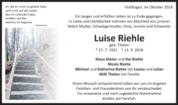 Traueranzeige von Luise Riehle von Schwäbische Post