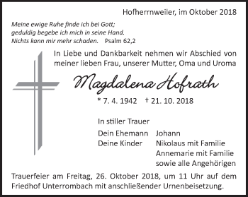 Traueranzeige von Magdalena Hofrath von Schwäbische Post
