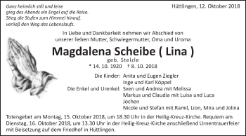 Traueranzeige von Magdalena Scheibe von Schwäbische Post