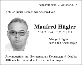 Traueranzeige von Manfred Hügler von Schwäbische Post