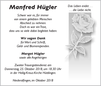 Traueranzeige von Manfred Hügler von Schwäbische Post
