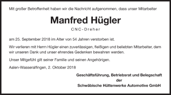 Traueranzeige von Manfred Hügler von Schwäbische Post