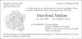 Traueranzeige von Manfred Melzer von Gmünder Tagespost