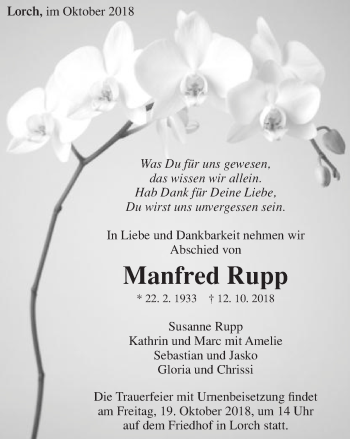 Traueranzeige von Manfred Rupp von Gmünder Tagespost
