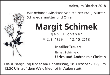 Traueranzeige von Margit Schimek von Schwäbische Post