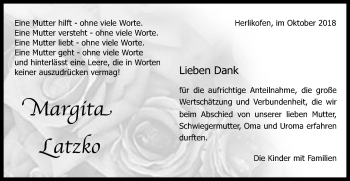 Traueranzeige von Margita Latzko von Gmünder Tagespost