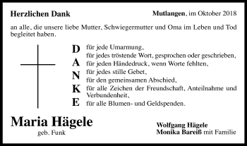 Traueranzeige von Maria Hägele von Gmünder Tagespost