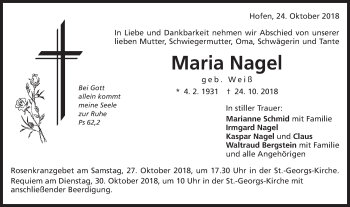 Traueranzeige von Maria Nagel von Schwäbische Post