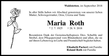 Traueranzeige von Maria Roth von Gmünder Tagespost