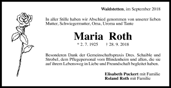 Traueranzeige von Maria Roth