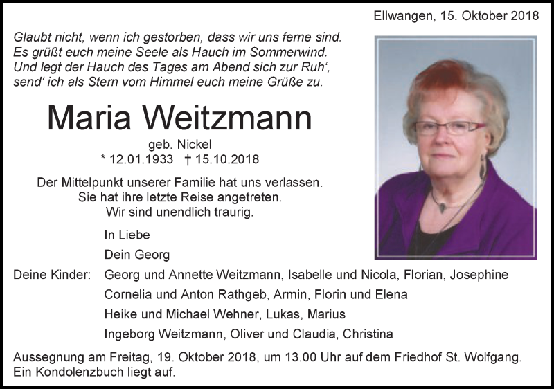  Traueranzeige für Maria Weitzmann vom 16.10.2018 aus Schwäbische Post