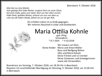 Traueranzeige von Maria Ottilia Kohnle von Schwäbische Post