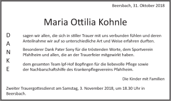 Traueranzeige von Maria Ottilia Kohnle von Schwäbische Post