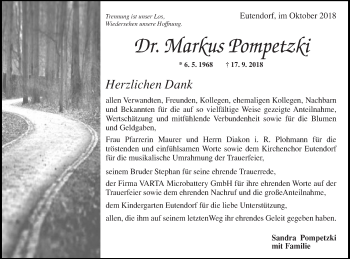 Traueranzeige von Markus Pompetzki von Schwäbische Post