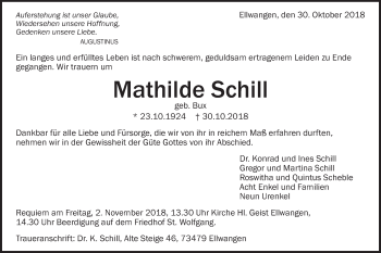 Traueranzeige von Mathilde Schill von Schwäbische Post