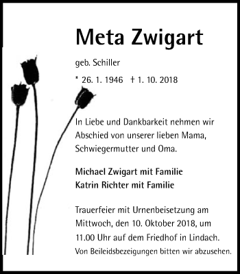Traueranzeige von Meta Zwigart von Gmünder Tagespost