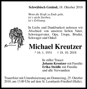 Traueranzeige von Michael Kreutzer von Gmünder Tagespost