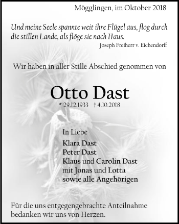 Traueranzeige von Otto Dast von Gmünder Tagespost