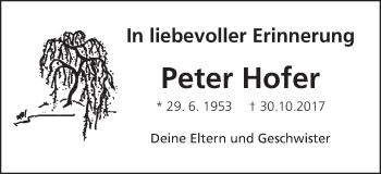 Traueranzeige von Peter Hofer von Schwäbische Post