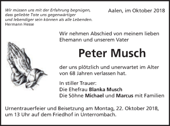 Traueranzeige von Peter Musch von Schwäbische Post