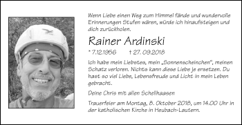 Traueranzeige von Rainer Ardinski von Schwäbische Post