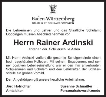 Traueranzeige von Rainer Ardinski von Schwäbische Post