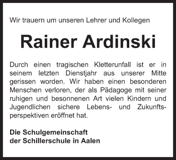 Traueranzeige von Rainer Ardinski von Schwäbische Post