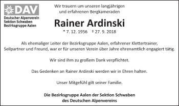 Traueranzeige von Rainer Ardinski von Schwäbische Post