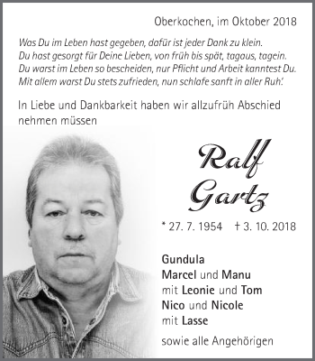 Traueranzeige von Ralf Gartz von Schwäbische Post