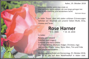 Traueranzeige von Rose Harner von Schwäbische Post