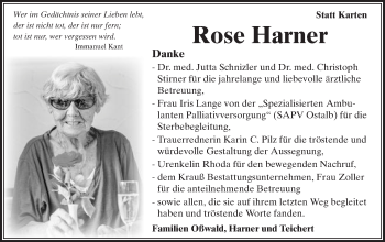 Traueranzeige von Rose Harner von Schwäbische Post