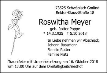 Traueranzeige von Roswitha Meyer von Gmünder Tagespost