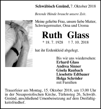 Traueranzeige von Ruth Glass von Gmünder Tagespost