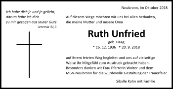 Traueranzeige von Ruth Unfried von Schwäbische Post