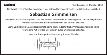 Traueranzeige von Sebastian Grimmeisen von Schwäbische Post