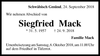 Traueranzeige von Siegfried Mack von Gmünder Tagespost