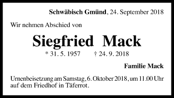 Traueranzeige von Siegfried Mack