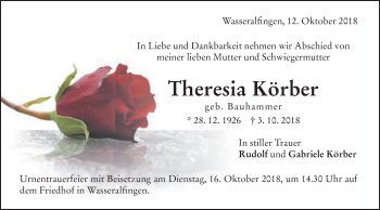 Traueranzeige von Theresia Körber von Schwäbische Post