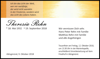Traueranzeige von Theresia Rehn von Schwäbische Post